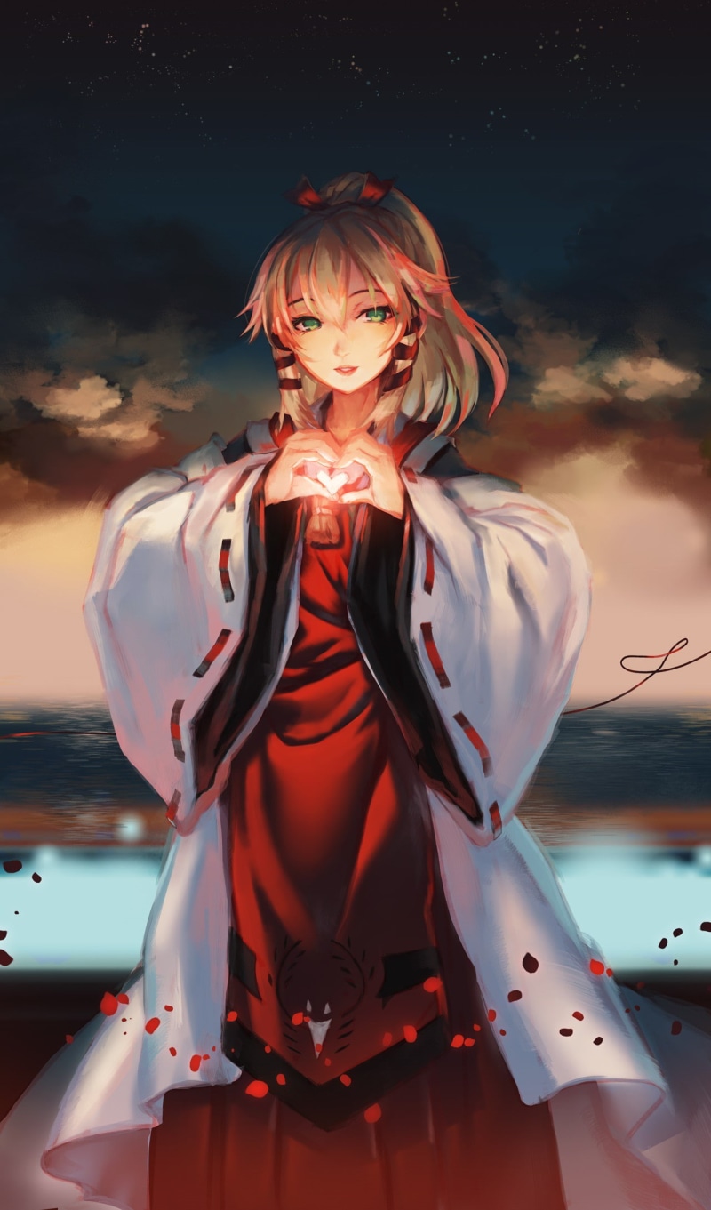 front view, anime girls, outdoors, nature, cloud - sky, green eyes, females, ominous, short hair, beautiful woman, transportation, young adult, waist up