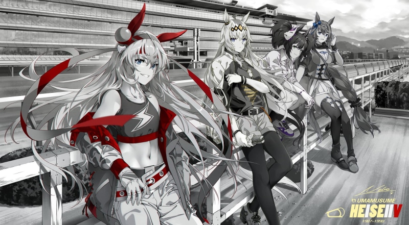 720P, Tamamo Cross (Uma Musume), Super Creek (Uma Musume), monochrome, NEKO (Yanshoujie), Inari One (Uma Musume), anime girls, Oguri Cap (Uma Musume)