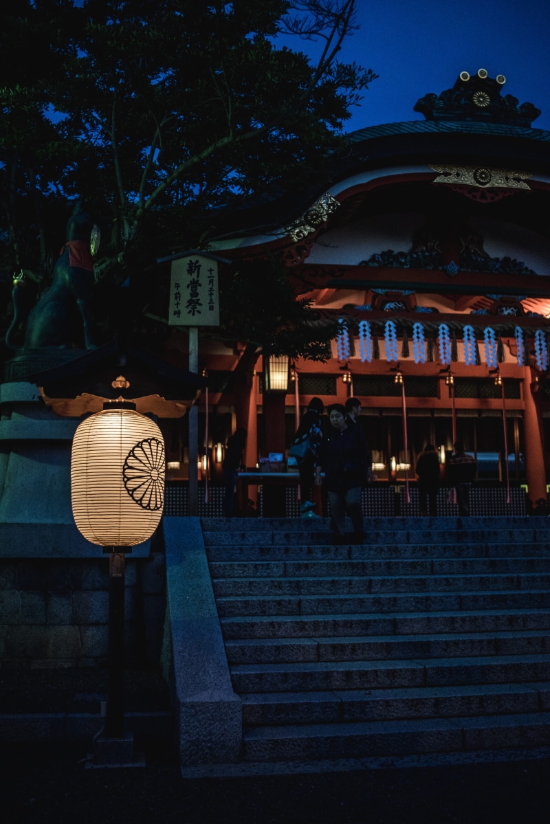 art and craft, dusk, forest, kyoto, building exterior, city, architecture, outdoors, inari shrine, kyōto-shi, representation, lighting equipment, fushimi inari taisha