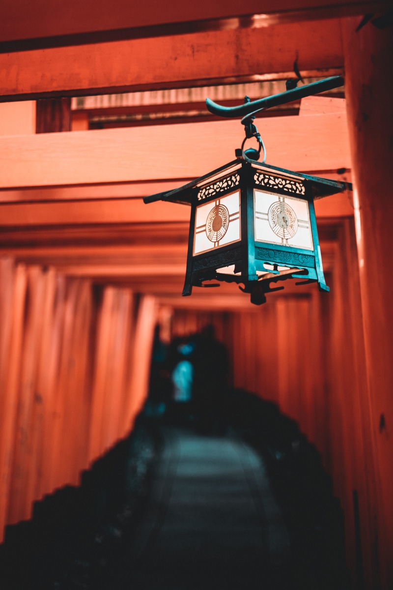worship, place of worship, architecture, tower, torii, japan, lantern, focus, orange color, built structure, gate, person, human, shrine, 5K, lighting equipment