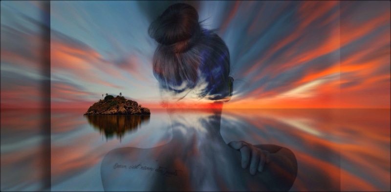 waters, mountain, silhouette, bright, island, model, nature, sky, reflection, sea, women, pop art, contemplation, digital composite, clouds