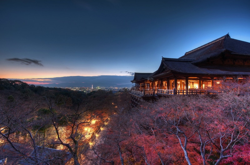 Japan, building, belief, Night, architecture, tree, Kiyomizu-Dera, landscape, sky, environment, building exterior, outdoors, place of worship, travel destinations