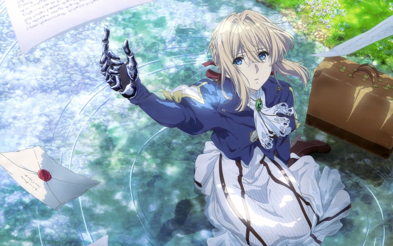 blue eyes, art, Akiko Takase, 4K, violet evergarden, in the water, up, Violet, suitcase, on my knees, letter, gesture