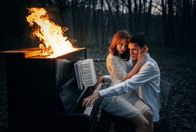 on my knees, girl, Albert Forest, piano, forest, flame, lovers, the situation, fire, guy, 1080P, notes