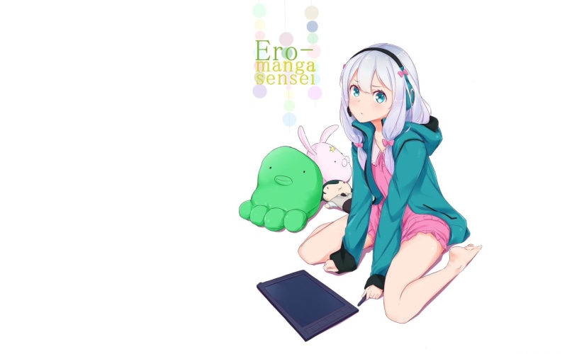girl, 1080P, white hair, headphones, on my knees, tablet, white background, EroManga-Sensei, Sagiri Izumi, blue eyes, soft toys