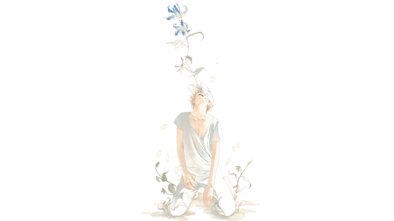 full length, blue, on my knees, 1080P, one person, hairstyle, leisure activity, plant, haired, front view, cut out, studio shot, guy, copy space, arms raised