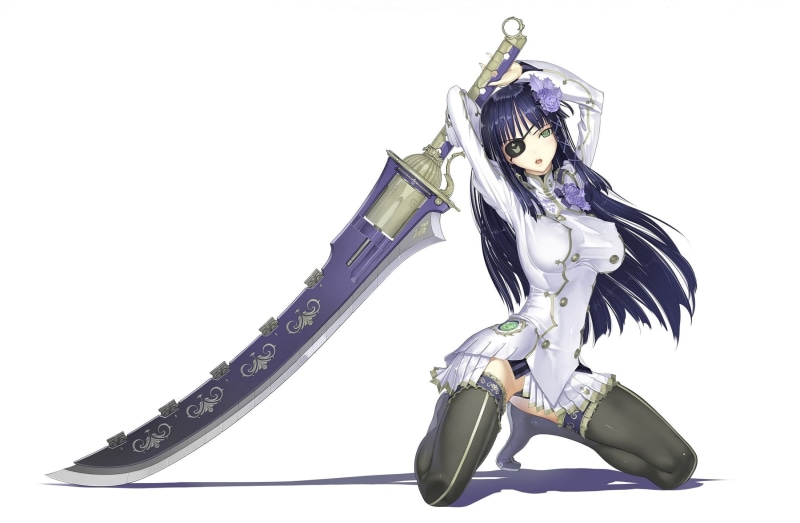 Nakaba Reimei, Phantasy Star Portable 2, eye patch, black stockings, sword, on my knees, white background, super-weapons, art, woman warrior, shadow, long hair