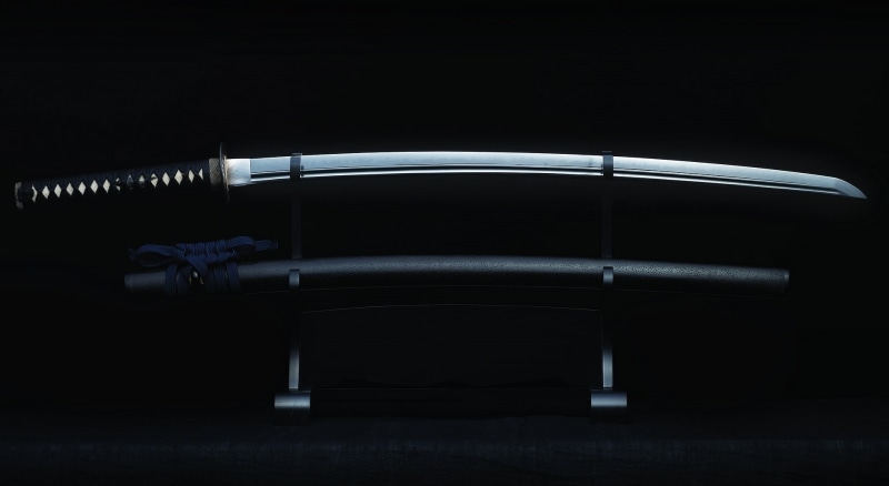 1080P, studio shot, clean, sheath, indoors, black, Artistic, Japan, symmetry, 3D, copy space, weapon, paracord, arts culture and entertainment, metal