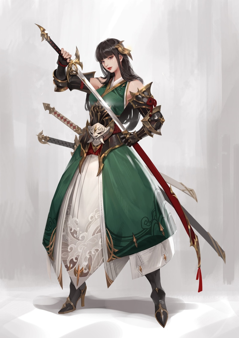 hair accessories, bangs, Junq Jeon, dark hair, shadow, sheath, dress, green clothing, weapon, 2K, women, samurai, katana, drawing