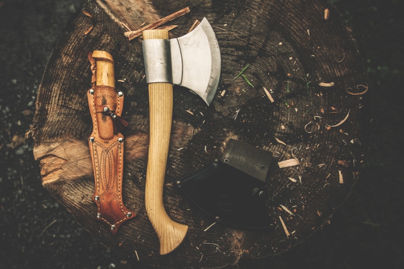 work tool, hammer, tool, knife - weapon, history, hand tool, axe, high angle view, close-up, container, wood - material, 4K, table, old, sheath, equipment