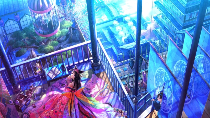 built structure, clothing, indoors, kimono, real people, anime girls, cat, original characters, women, cells, leisure activity, lamp, Japanese clothes