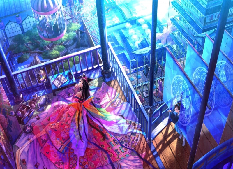 original characters, leisure activity, Sakura Sakura, black hair, illuminated, anime girls, indoors, arts culture and entertainment, house, cat, butterfly