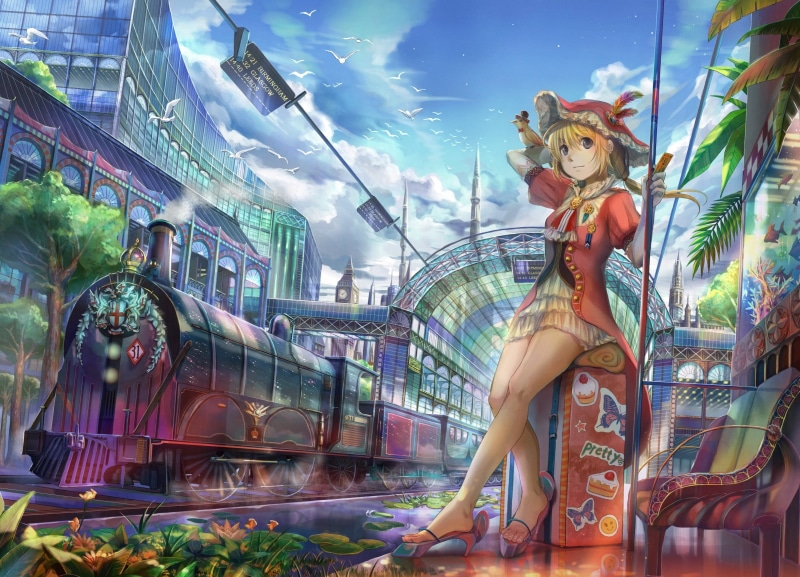 anime, brown eyes, birds, clouds, bench, Fuji Choko, train, train station, short hair, 1080P, anime girls, sandals, blonde, original characters
