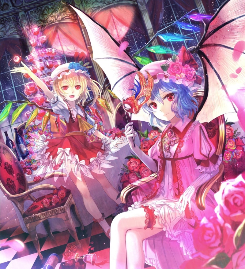 chair, window, 480P, wings, Flandre Scarlet, checkered, Touhou, blue hair, jewelry, Fuji Choko, stars, night, ascot, hat, rose, mask, Moon, gloves, blonde