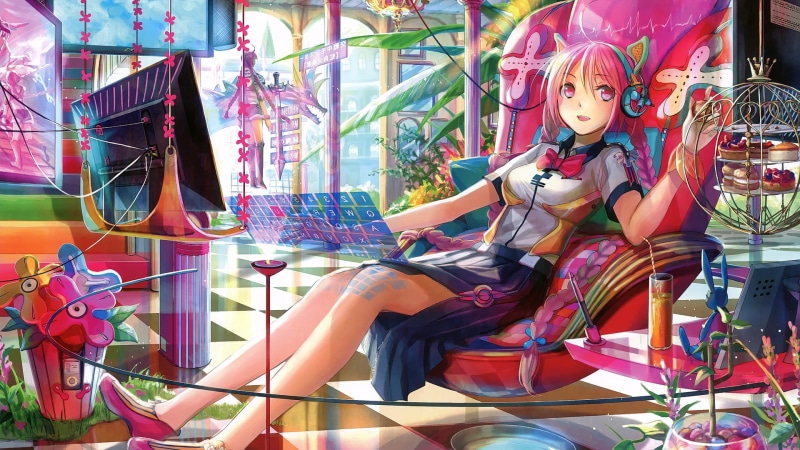 looking away, smiling, carousel, women, headphones, one person, anime girls, childhood, amusement park, technology, girls, real people, amusement park ride