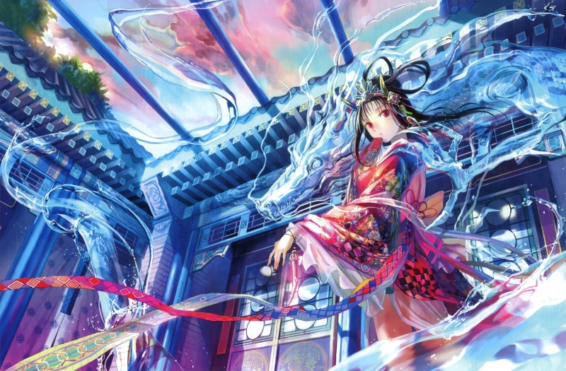 original characters, traditional, clothes, fuji, choko, eyes, japanese, hair, clothing, japanese clothes, characters, dragon, water, black hair, black