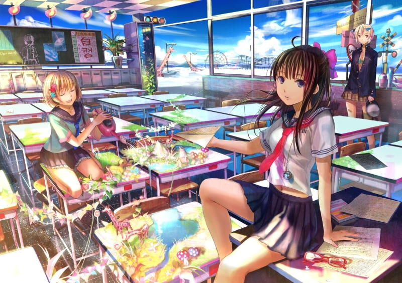 uniforms, fuji, hd, soft, school uniforms, girls, art, giraffes, 1080P, school, anime, classroom, x, hot, choko, shading