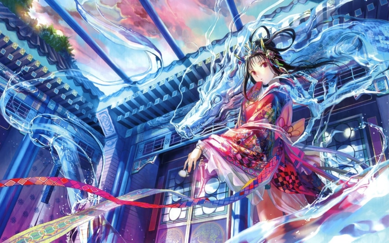 water, dragons, original, choko, hd, anime, 720P, art, girls, nature, dragon, characters, ribbons, fuji