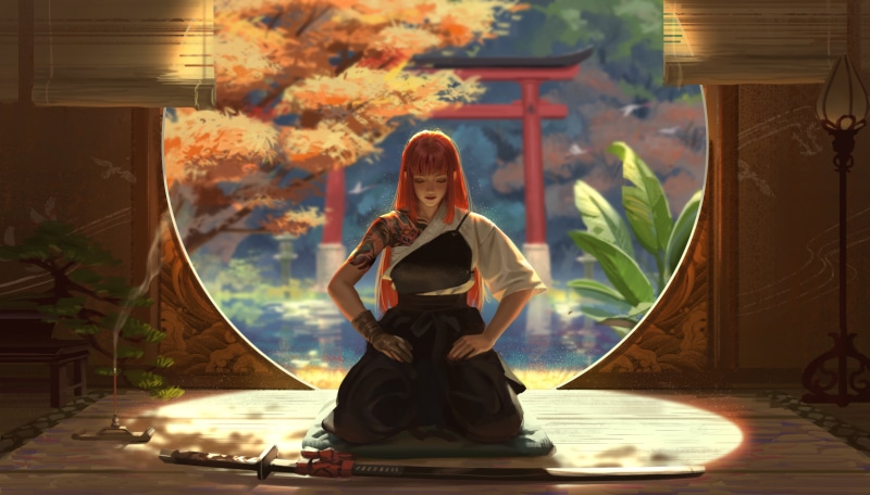 tattoo, fictional characters, fictional character, redhead, artwork, digital painting, 2K, digital art, sword, women, katana, sunlight, painted nails