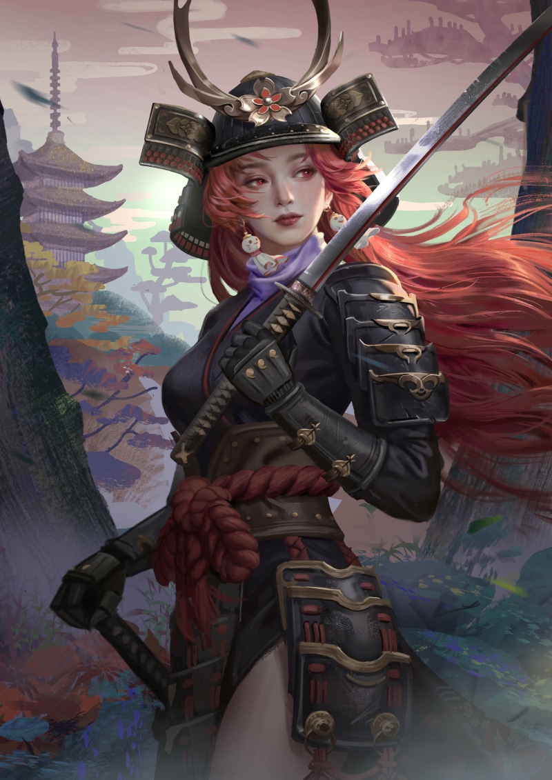 artwork, digital painting, red belt, digital art, women, hou china, fictional characters, fictional character, 2K, red eyes, helmet, warrior girls, redhead