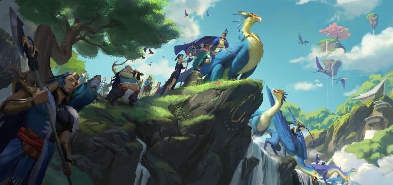 birds, low-angle, trees, fantasy art, flute, nature, 1080P, drawing, hou china, cliff, people