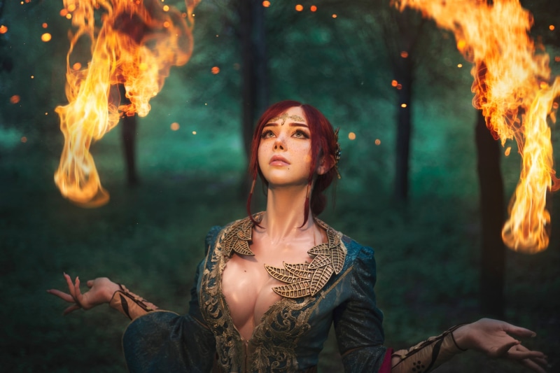 cleavage, dress, forest, outdoors, freckles, redhead, The Witcher, cosplay, women, video games, 2K, fire, Triss Merigold, model, Sayathefox, women outdoors