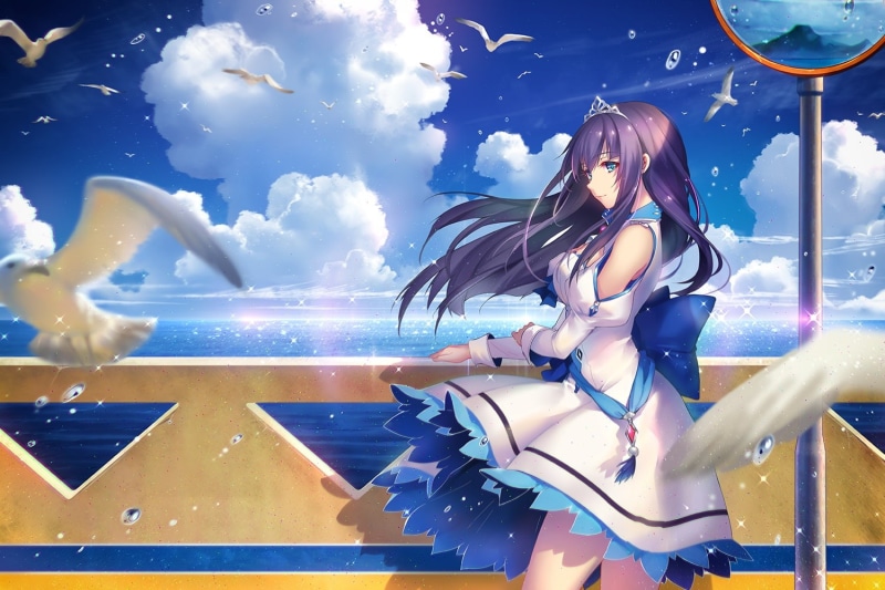 720P, water, animal ears, cleavage, birds, white dress, sky, tiaras, long hair, clouds, black hair, Tidsean, aqua eyes