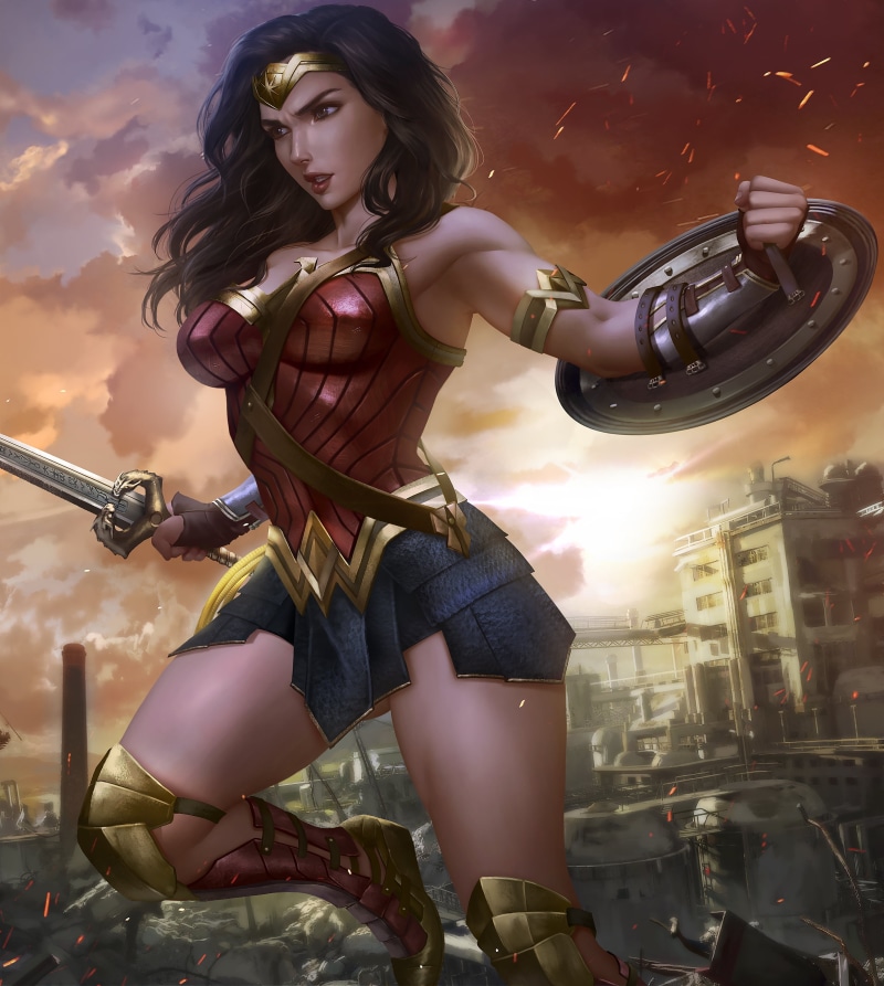 illustration, weapon, Wonder Woman, superheroines, drawing, brunette, miniskirt, sunset, armor, artwork, shield, sparks, Logan Cure, armlet, long hair