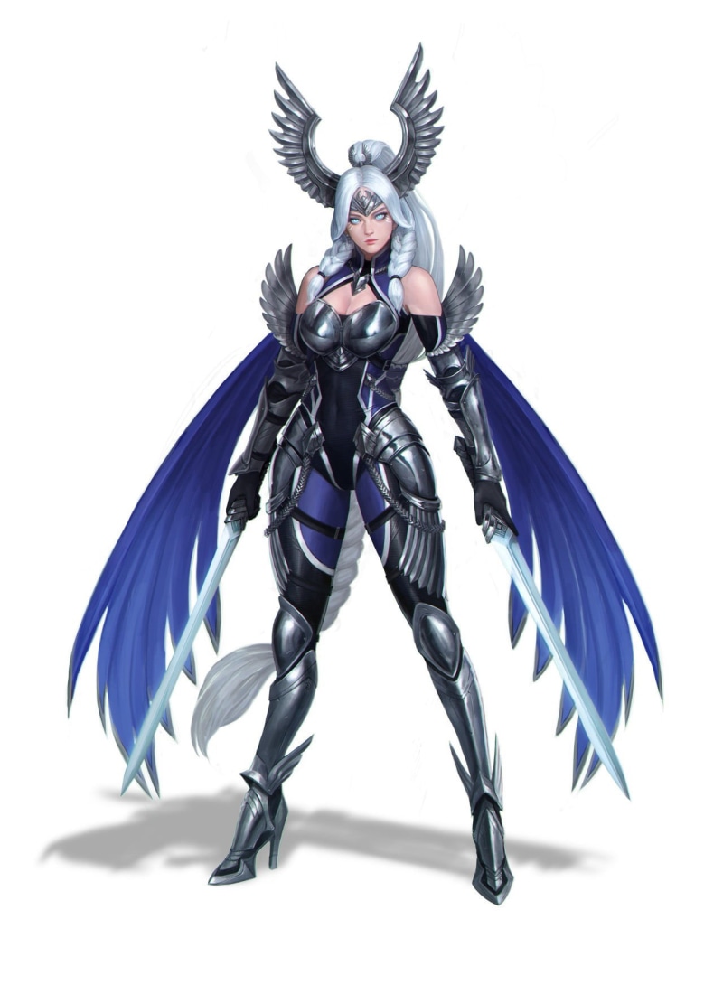 tiaras, sword, Hyungseok Yang, 720P, warrior, weapon, white, women, blades, high heels, armor, silver hair, wings, blue eyes, drawing, braids
