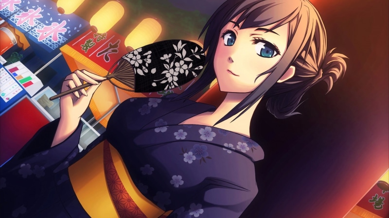 original characters, kimono, brunette, long hair, blue eyes, anime girls, 1080P, Japanese clothes, smiling, anime