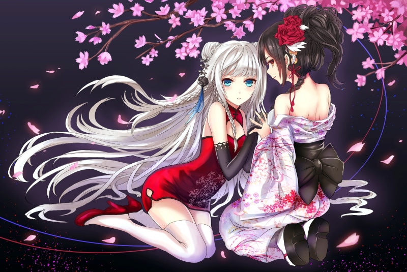 anime girls, kimono, original characters, hair ornament, traditional clothing, anime, Japanese clothes, cherry blossom, 1080P