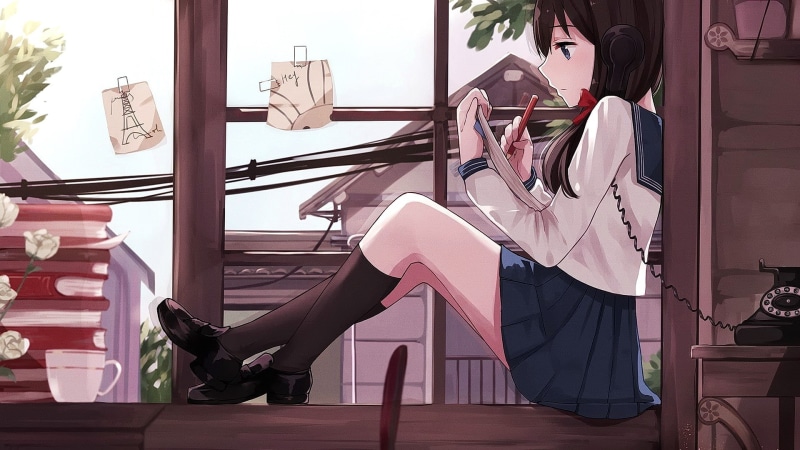 indoors, shoe, women, day, high heels, leisure activity, fashion, original characters, one person, young women, school uniform, anime girls, anime, real people