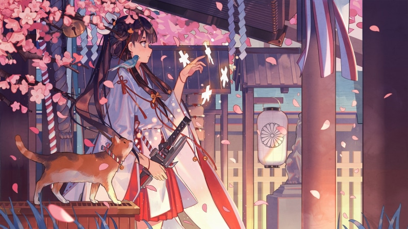 sword, miko, 1080P, anime girls, birds, anime, cat, long hair