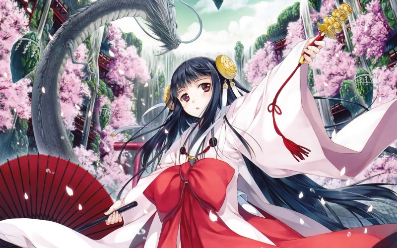 cherry blossom, miko, anime girls, dragon, original characters, 1080P, anime