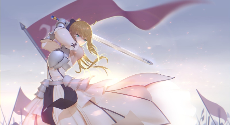 long hair, armor, Saber Lily, Fate/Stay Night, anime girls, connection, 2K, cloud - sky, illuminated, sky, Fate Series, robot, cyborg, technology, fantasy girl
