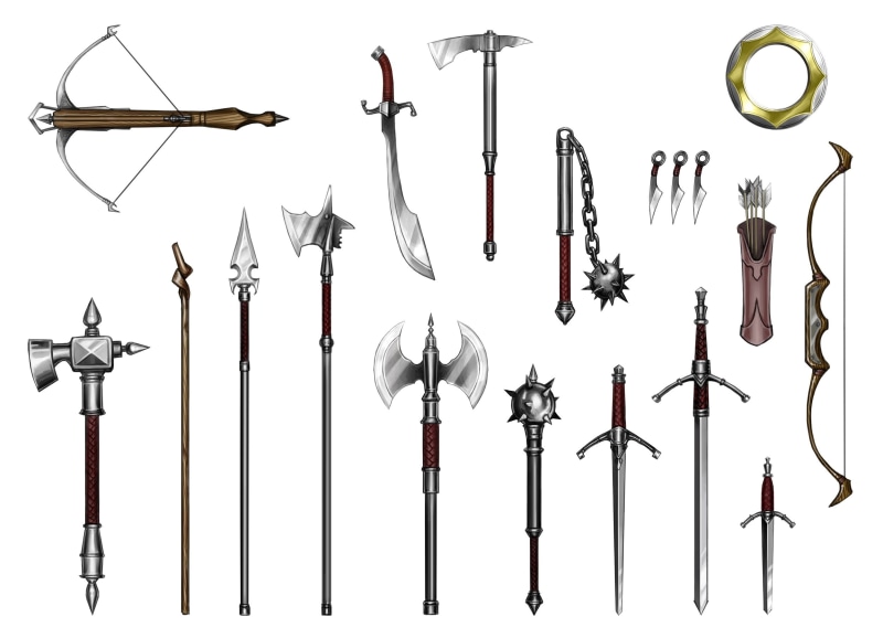 short sword, hanging, art and craft, quiver, scimitar, battle axe, 1080P, wall - building feature, spear, equipment, assorted, bow, war hammer, choice