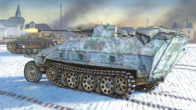 land vehicle, illustration, outdoors, sunlight, winter, no people, battle, sky, gray, tank, self-propelled anti-aircraft gun, green, camouflage, armored tank