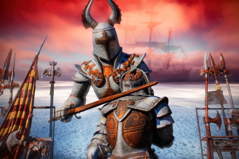 sword fighting, helm, standing, ritterruestung, wearing, 2K, pointing, weapons, booked, middle ages, outdoors, day, metal, art and craft, nature, lances