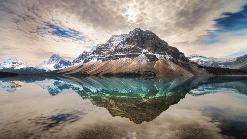 cloudy, environment, reflection, calm, winter, no people, Canada, cold temperature, tranquil scene, mountain range, 1080P, Bow Lake, mountains, mountain peak