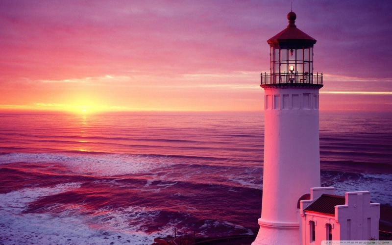 architecture, waves, sea, horizon, sunset, tower, building, pink, 720P, coast, lighthouse, purple, Sun