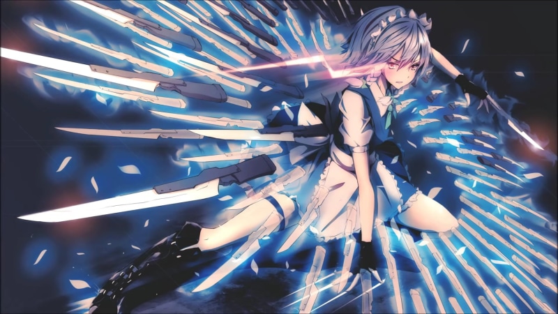 lifestyles, blurred motion, light, pattern, night, 1080P, indoors, one person, light - natural phenomenon, full length, long exposure, video games, Izayoi Sakuya