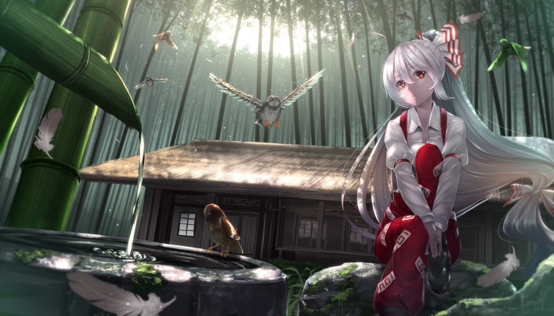 statue, Fujiwara no Mokou, female likeness, sculpture, anime girls, one person, 720P, plant, red, human representation, women, day, representation, Touhou