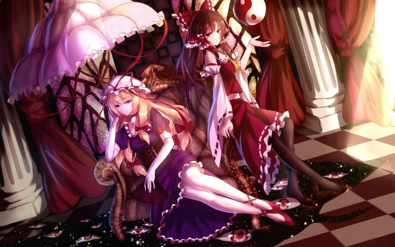 multi colored, close-up, day, eyes, decoration, sculpture, purple, thigh-highs, creativity, ribbon, no people, Yakumo Yukari, Hakurei Reimu, human representation