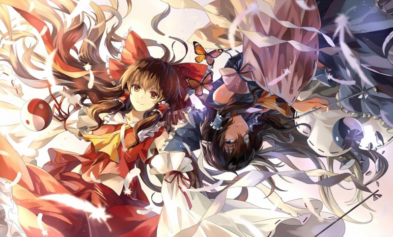 young adult, women, high angle view, togetherness, lifestyles, headshot, anime, representation, front view, hairstyle, art and craft, day, Hakurei Reimu