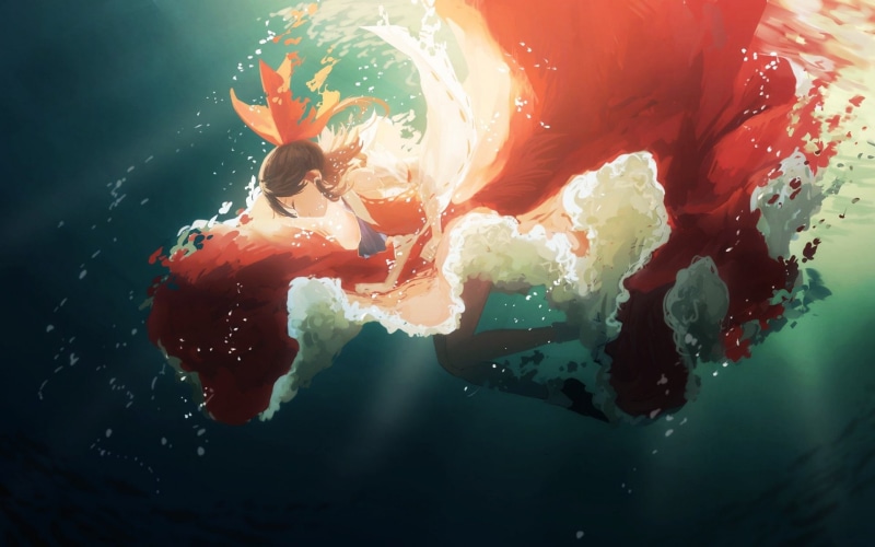 1080P, underwater, Hakurei Reimu, bubble, Touhou