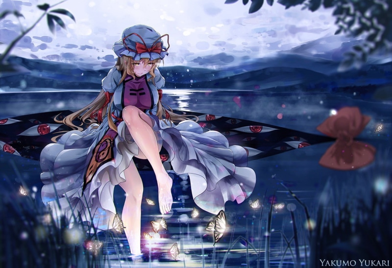illuminated, real people, reflection, sky, outdoors, cloud - sky, Yakumo Yukari, nature, art and craft, women, 720P, water, celebration, Touhou, arts culture and entertainment