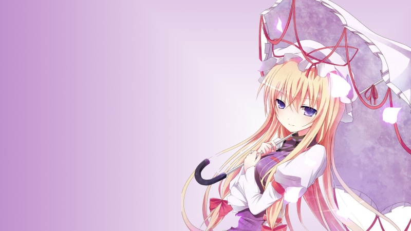 copy space, portrait, hairstyle, hair, colored background, pink color, Touhou, one person, studio shot, purple, headshot, indoors, blond hair, human representation