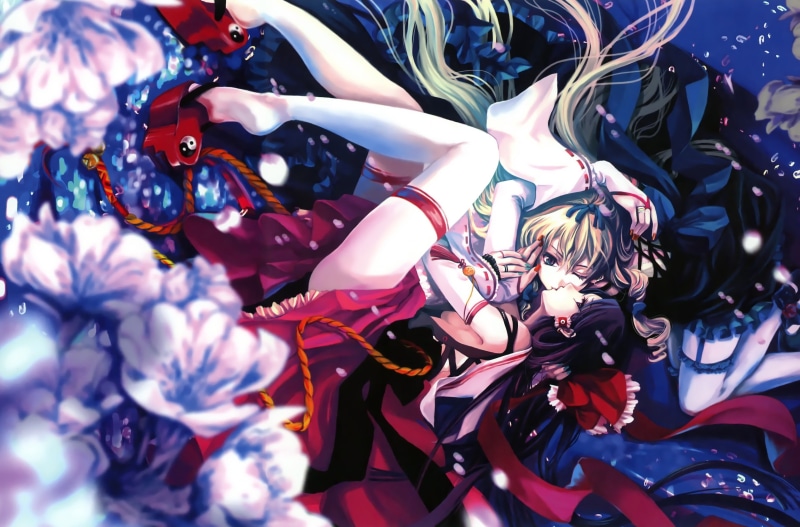 sunlight, multi colored, art and craft, full frame, anime, retail, anime girls, outdoors, Hakurei Reimu, representation, kissing, red ribbons, Yakumo Yukari