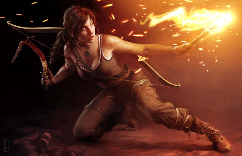 Tomb Raider, full length, indoors, fire, video games, performance, cleavage, young women, holding, artwork, tomb raider 2013, artist, bow, digital art