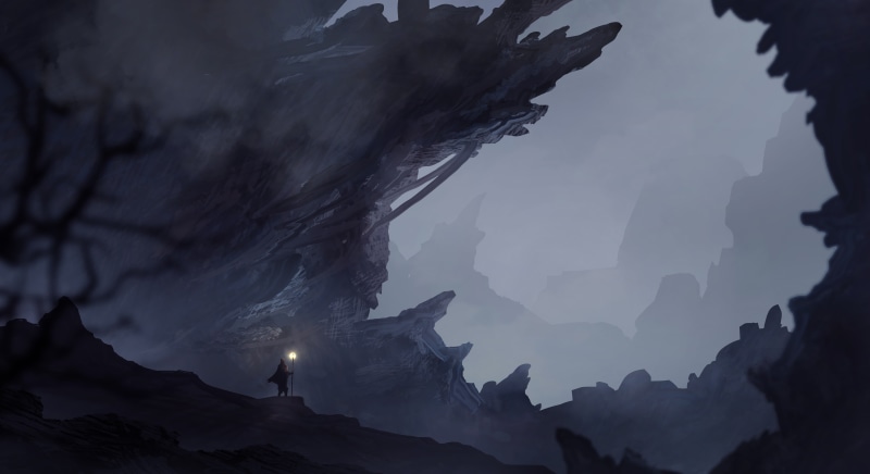 scenics - nature, low angle view, illustration, cave, holding, mountain range, mountain, rock, gray, fog, solid, mountain peak, tranquil scene, outdoors